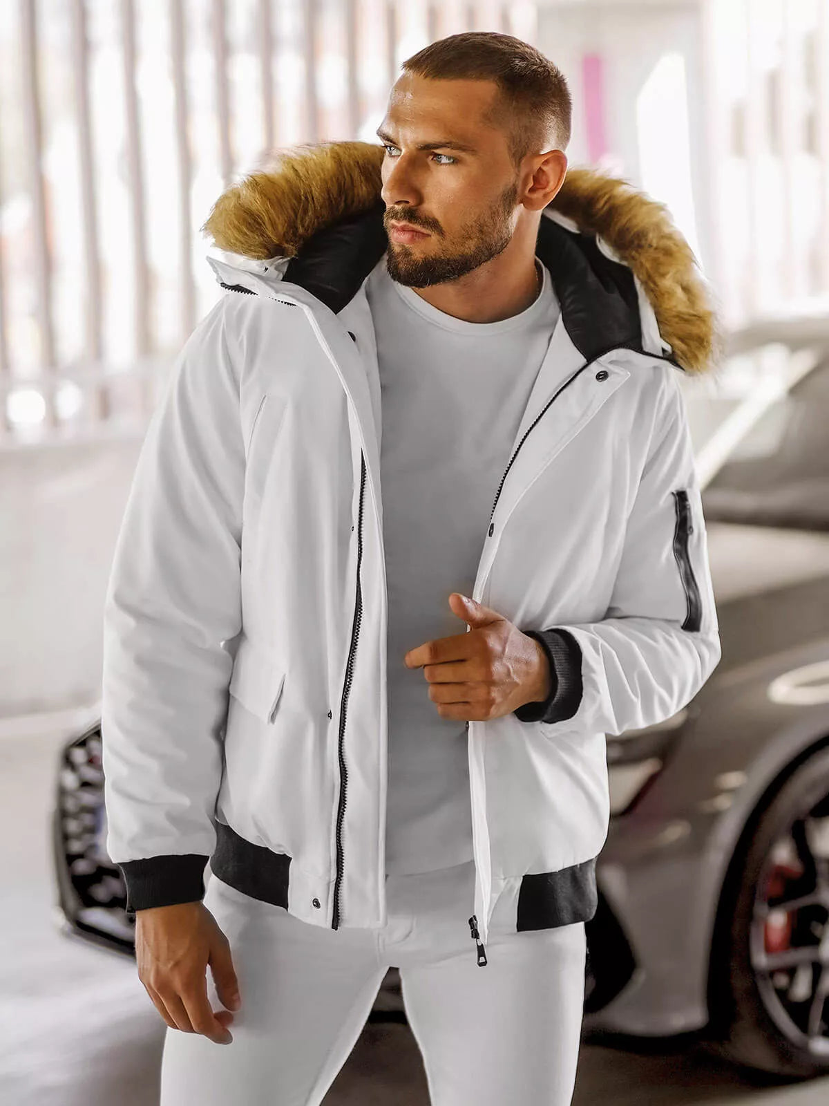 Bomber stila ziemas balta vīriešu jaka Lemi