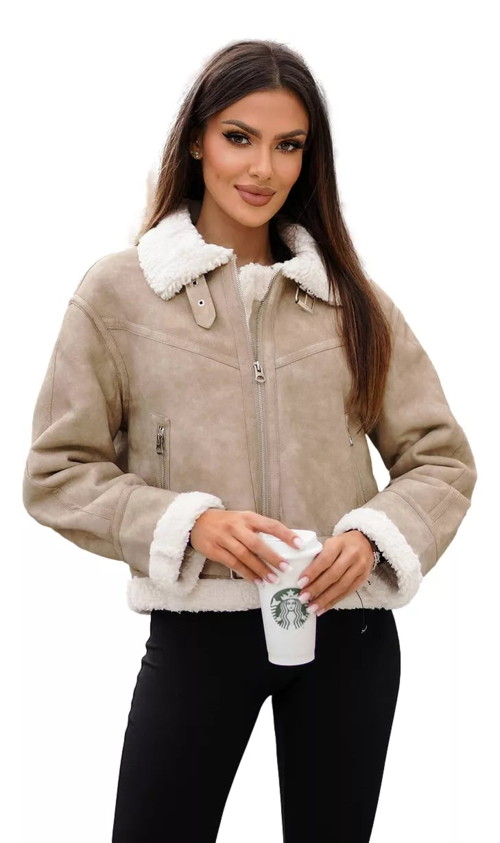 Brūna ādas jaka ar baltu uzšuvi Camila