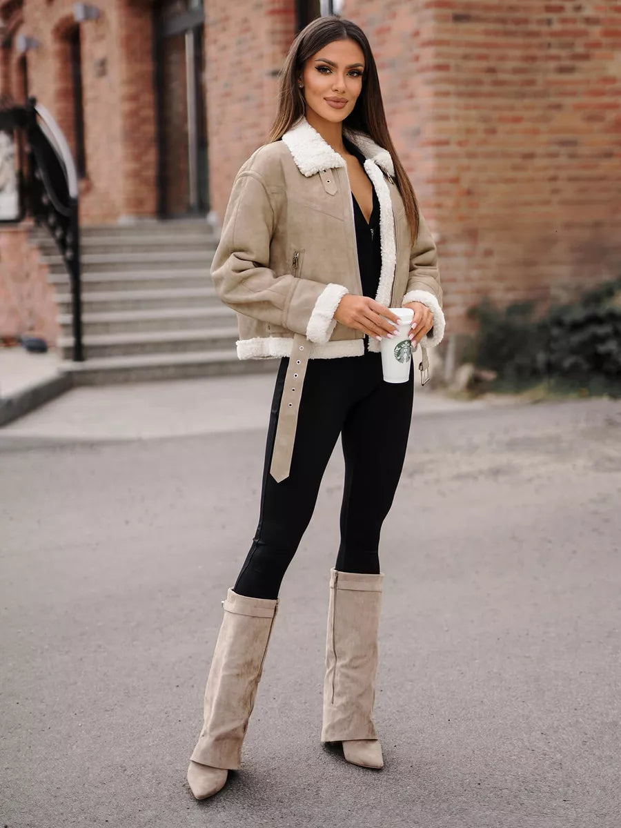 Brūna ādas jaka ar baltu uzšuvi Camila