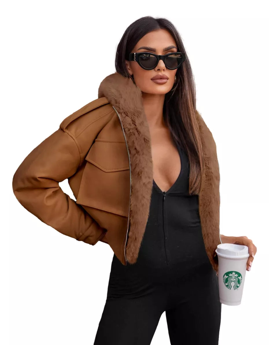 Brūna ādas jaka ar brūnu apkakli Auro