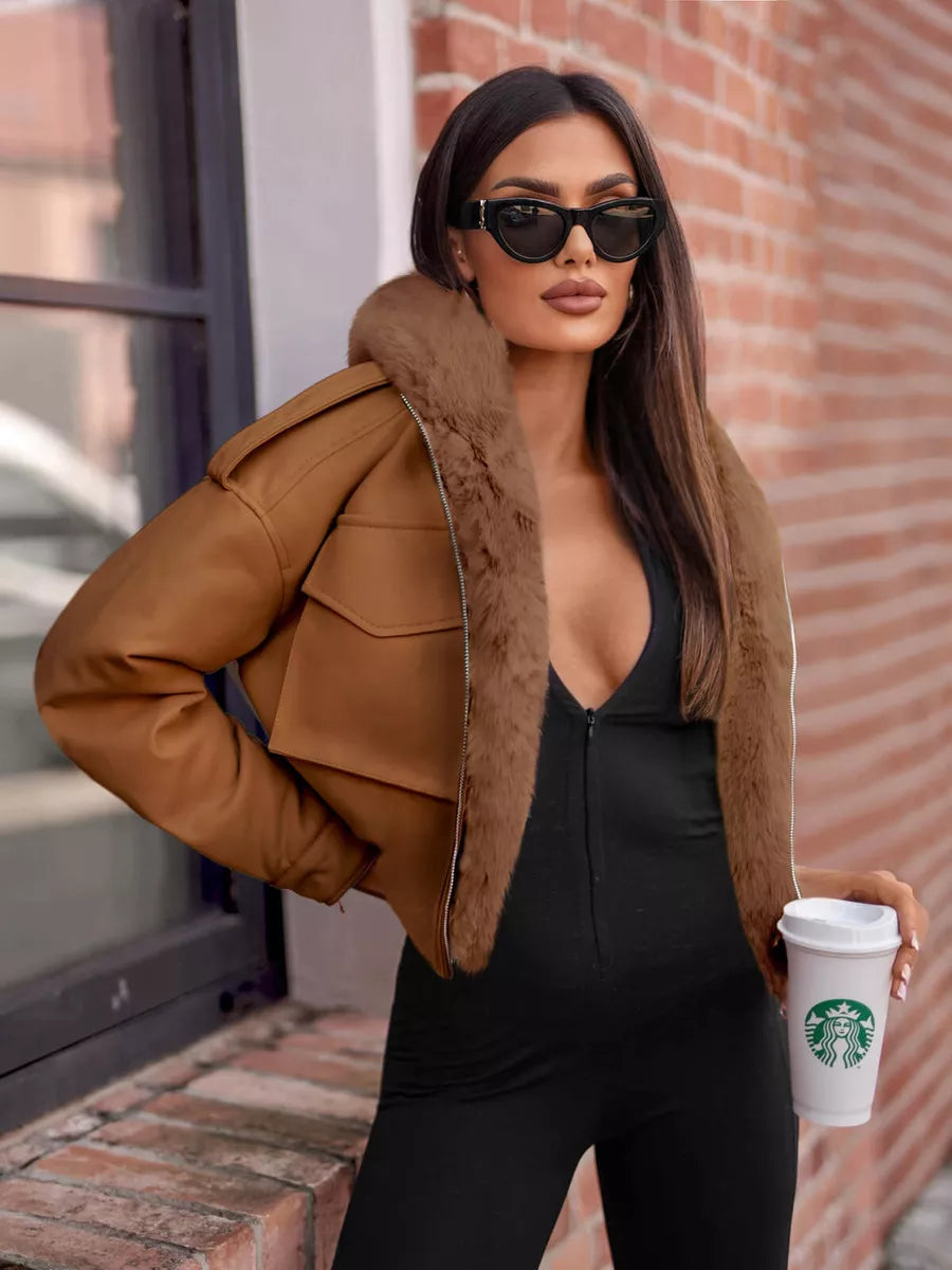 Brūna ādas jaka ar brūnu apkakli Auro