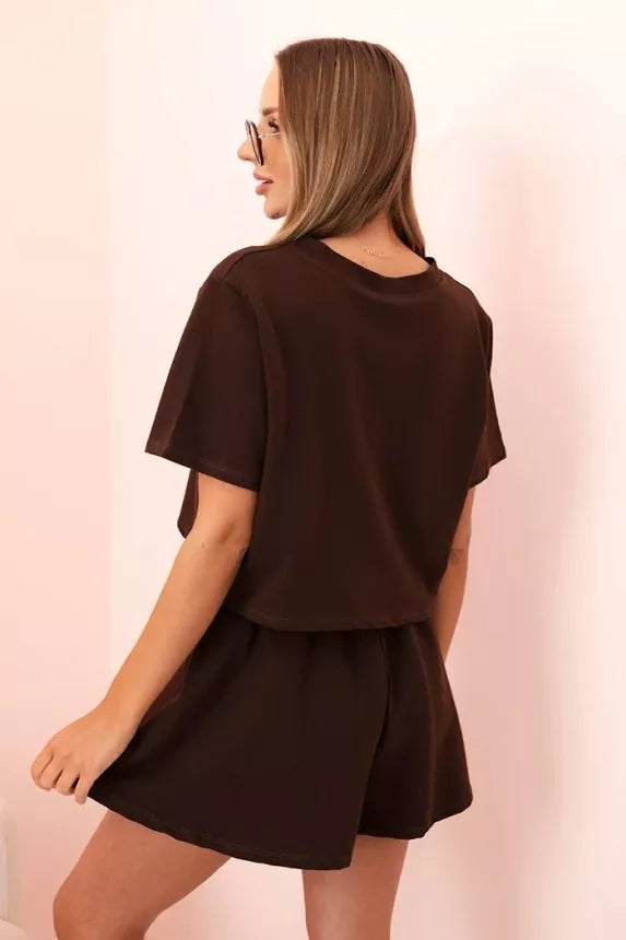 Sieviešu brūns kokvilnas komplekts ar platām šortām Com