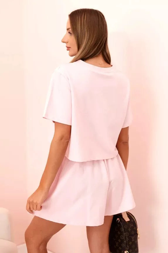 Sieviešu rozā krāsas kokvilnas komplekts ar platām šortām Com