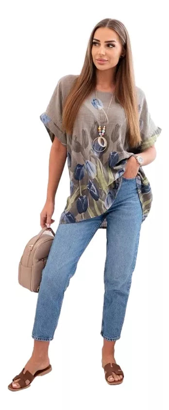 Sieviešu pelēks krekls ar ziediem Limon