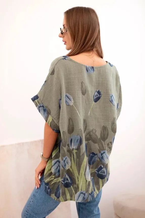Sieviešu haki krāsas krekls ar ziediem Limon