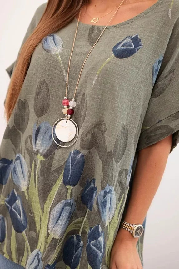 Sieviešu haki krāsas krekls ar ziediem Limon