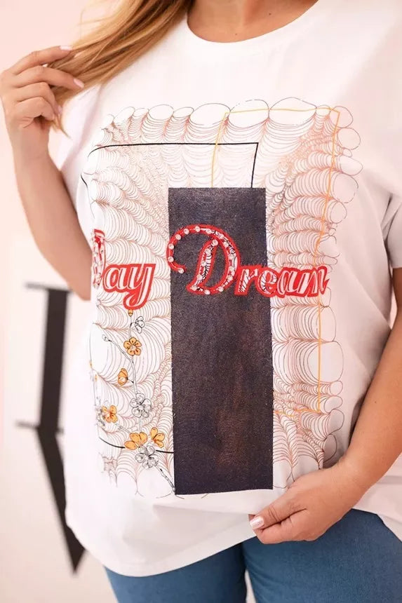 Sieviešu balts T-krekls ar tumši zilu detaļu "Day dream"