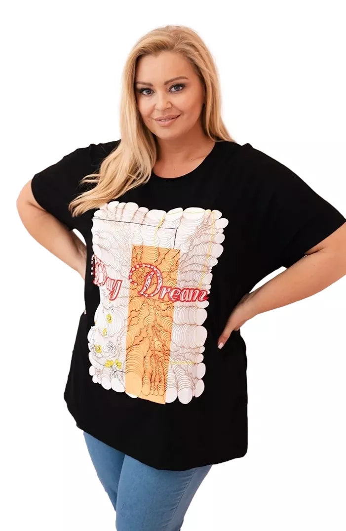 Sieviešu melns T-krekls ar oranžām detaļām "Day dream"