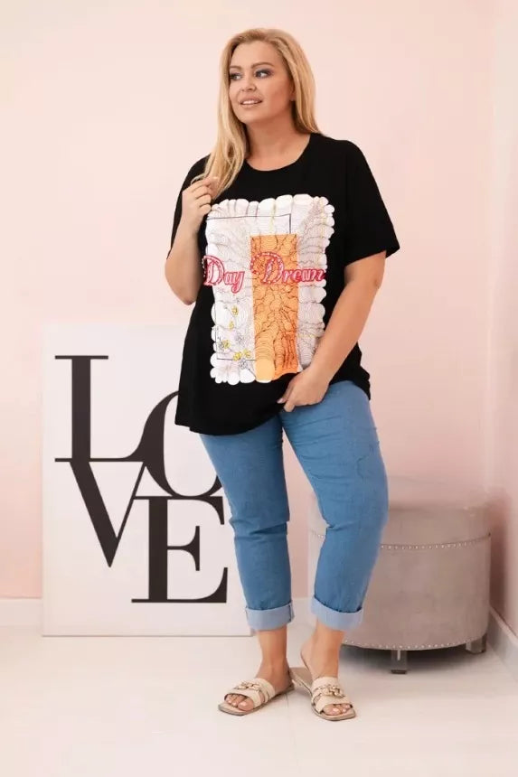 Sieviešu melns T-krekls ar oranžām detaļām "Day dream"