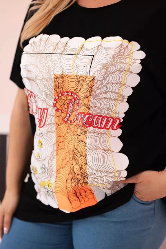 Sieviešu melns T-krekls ar oranžām detaļām "Day dream"