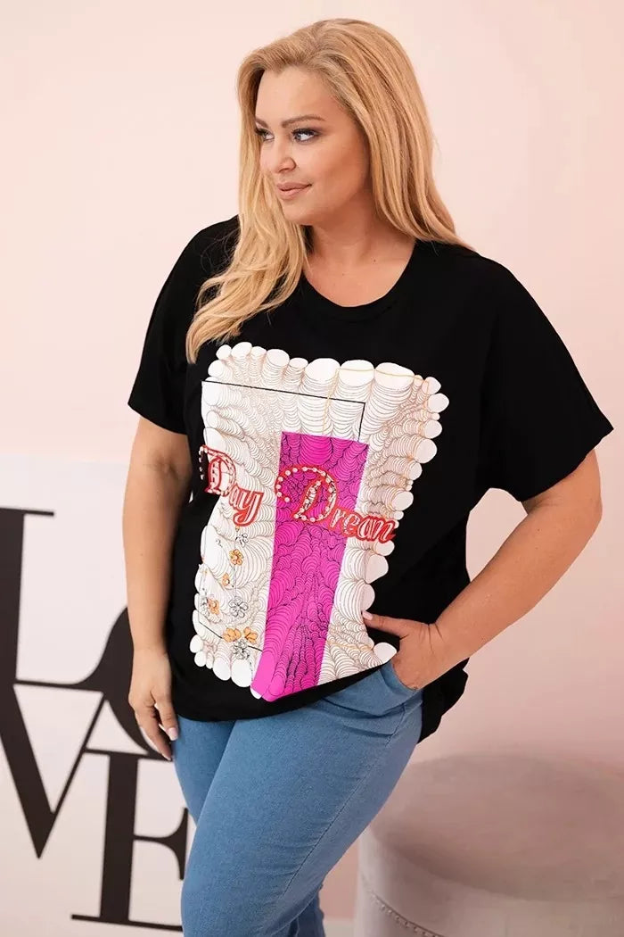 Sieviešu melns T-krekls ar rozā detaļām "Day dream"