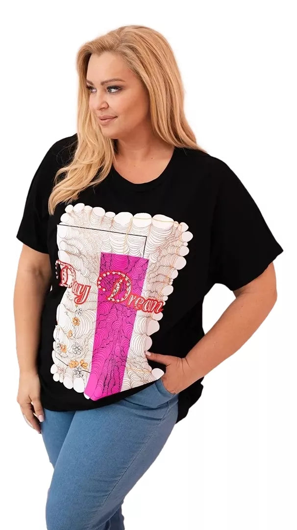 Sieviešu melns T-krekls ar rozā detaļām "Day dream"