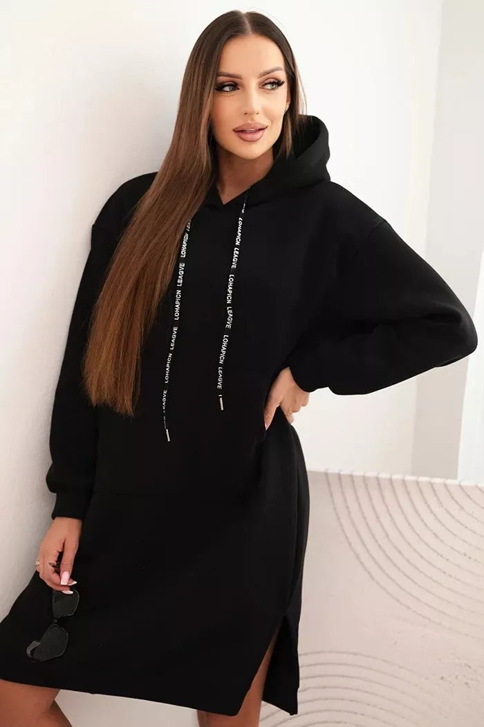 Sieviešu siltināta melna kleita ar kapuci Leagve