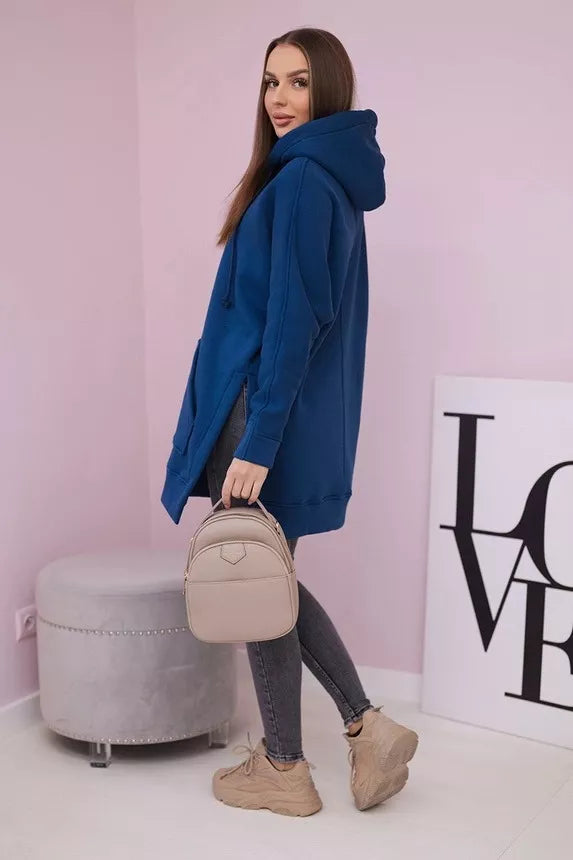 Sieviešu zils kapučjakas džemperis vīna krāsā