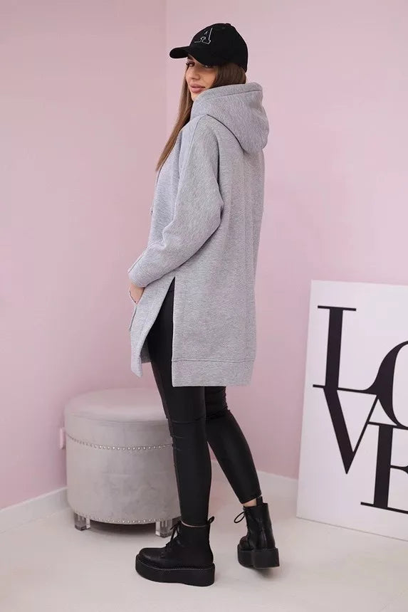 Sieviešu gaiši pelēks kapučjakas džemperis ar kapuci vīna krāsā