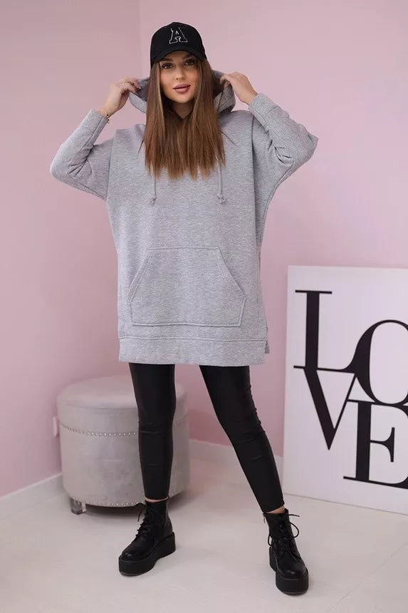 Sieviešu gaiši pelēks kapučjakas džemperis ar kapuci vīna krāsā