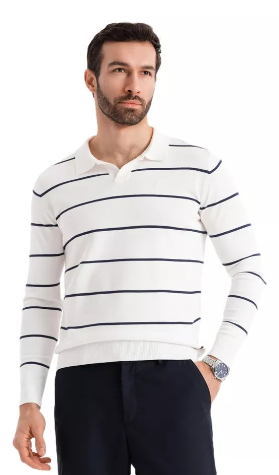 Vīriešu garroku polo krekls baltā krāsā ar zilām līnijām Don