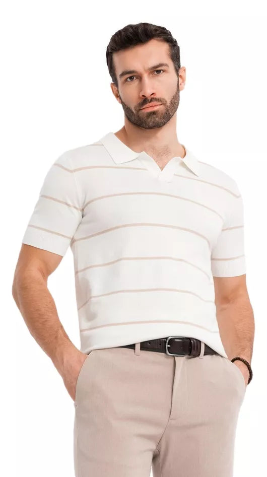 Vīriešu svītrains balts polo krekls ar brūnām svītrām Ton