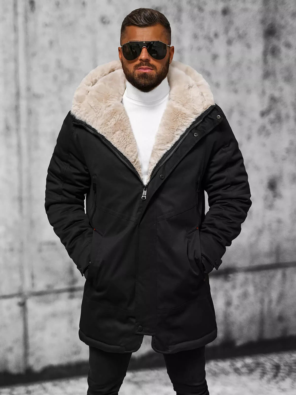 Vīriešu melna ziemas jaka ar izgriezumu