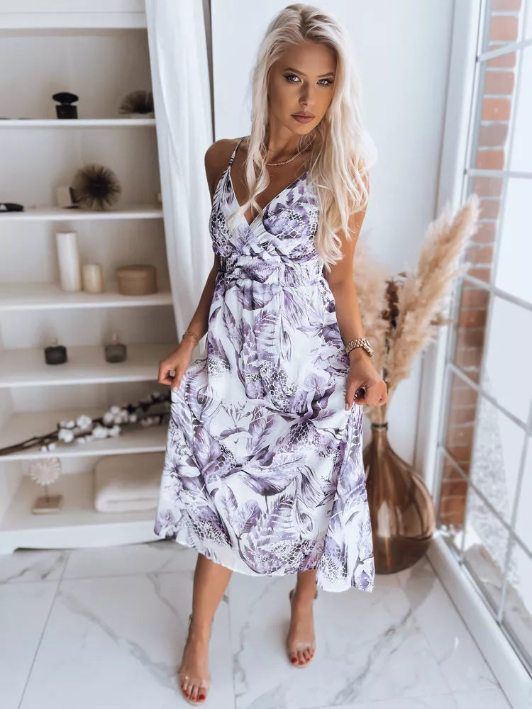 Balta sieviešu kleita ar violetiem ziediem "Mārīte" 