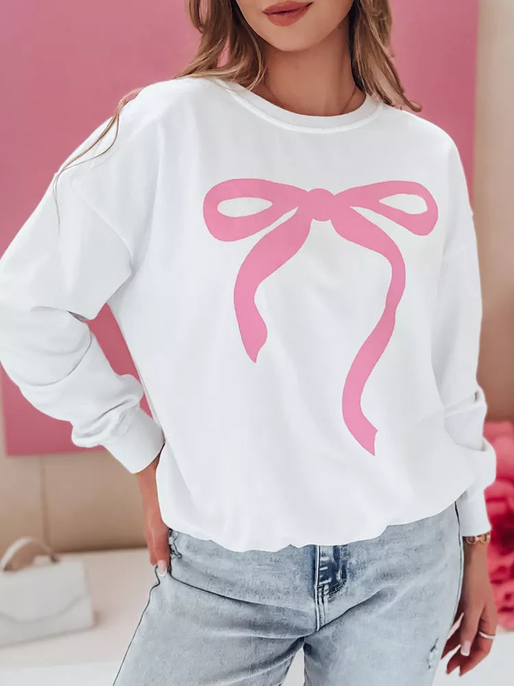 Sieviešu balts džemperis ar rozā lentīti, mīlīgs