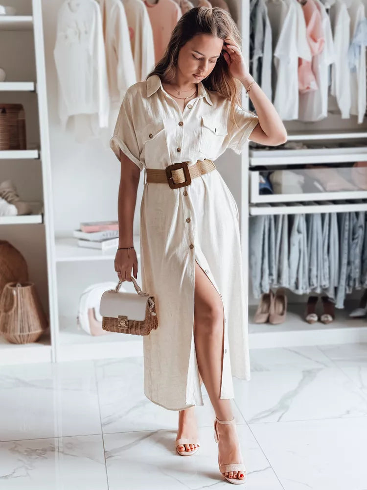 Sieviešu gaiši brūna kleita ar jostu Armina 