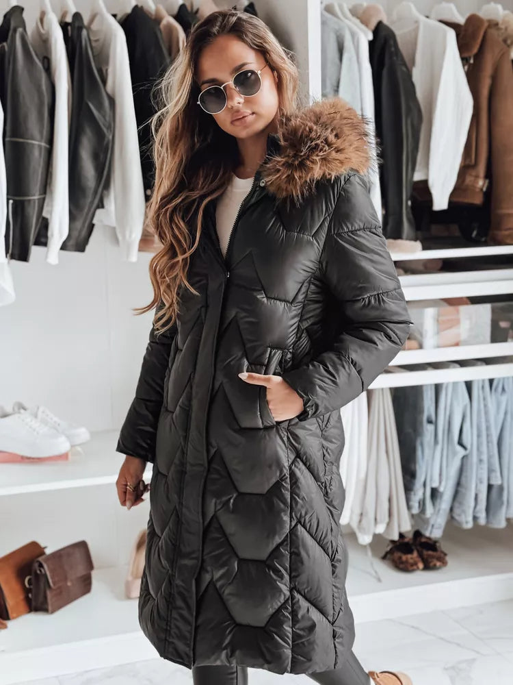 Sieviešu garā melna jaka ar brūnu kažokādu Inter