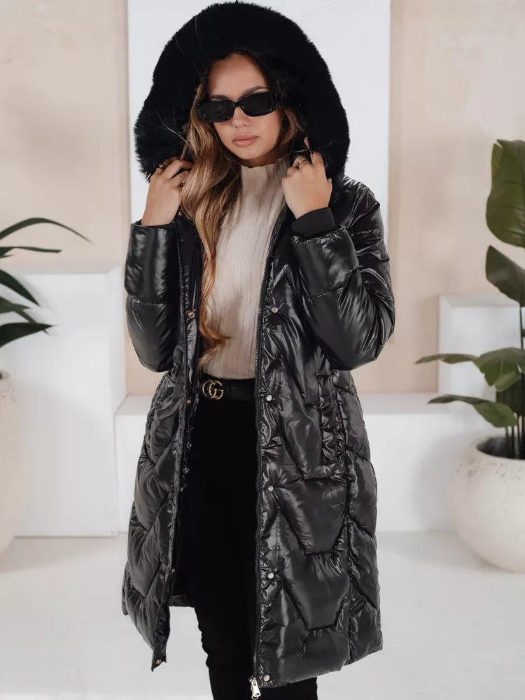 Sieviešu melna jaka ar melnu kažokādu Elec