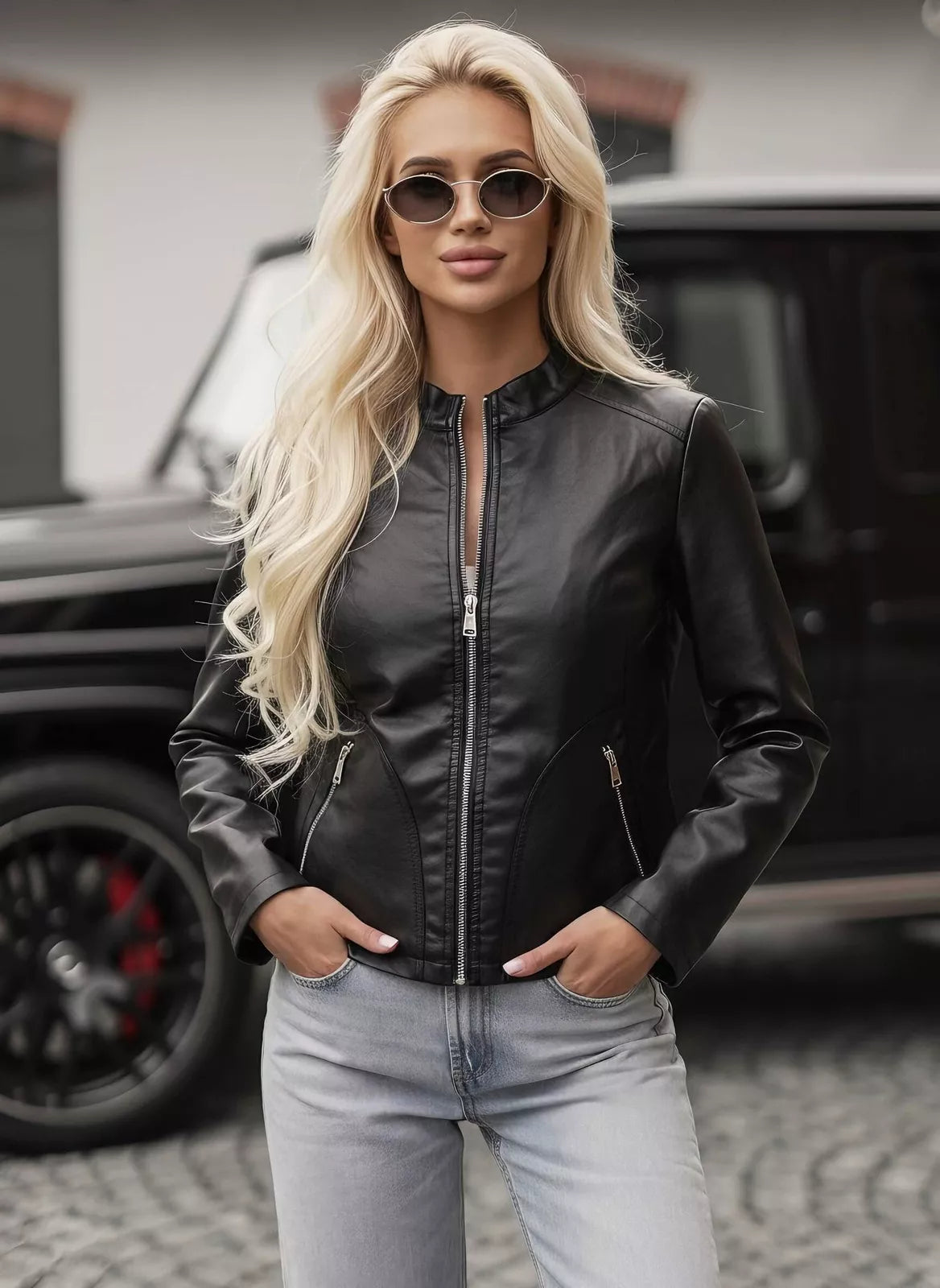 Sieviešu melna ādas jaka Emeli