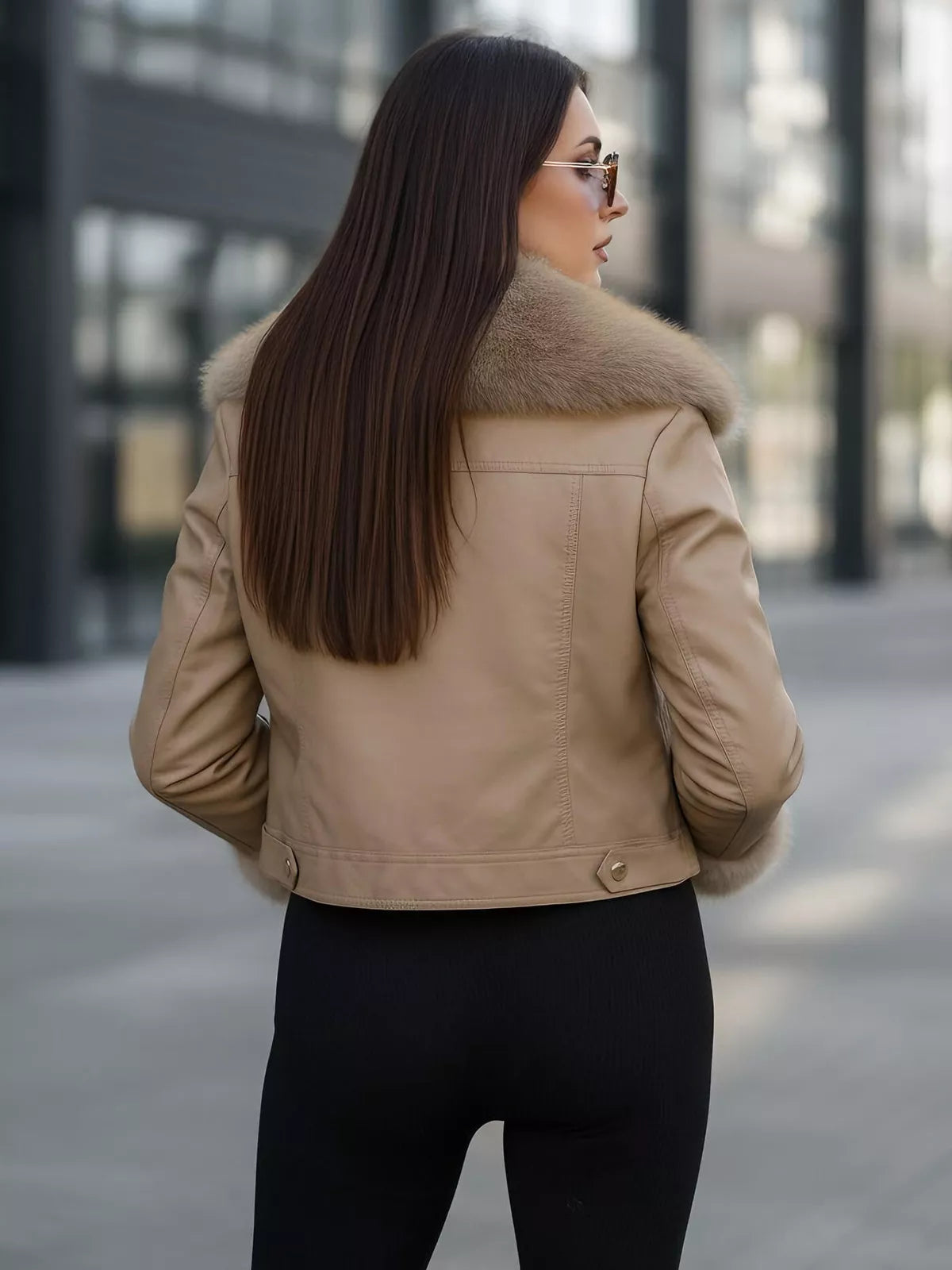 Sieviešu brūna ādas jaka ar kažokādu Portal