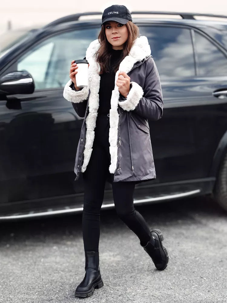 Sieviešu pelēka jaka ar gaišu kažokādu Arctic