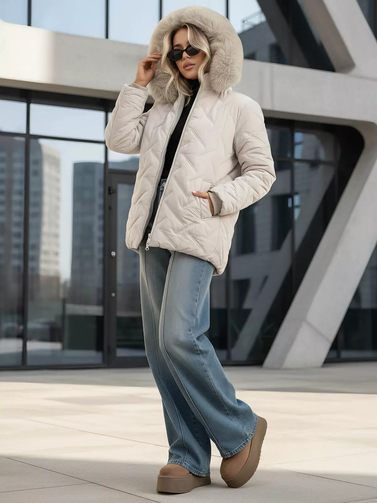 Sieviešu gaiši pelēka ziemas jaka ar kapuci Levi