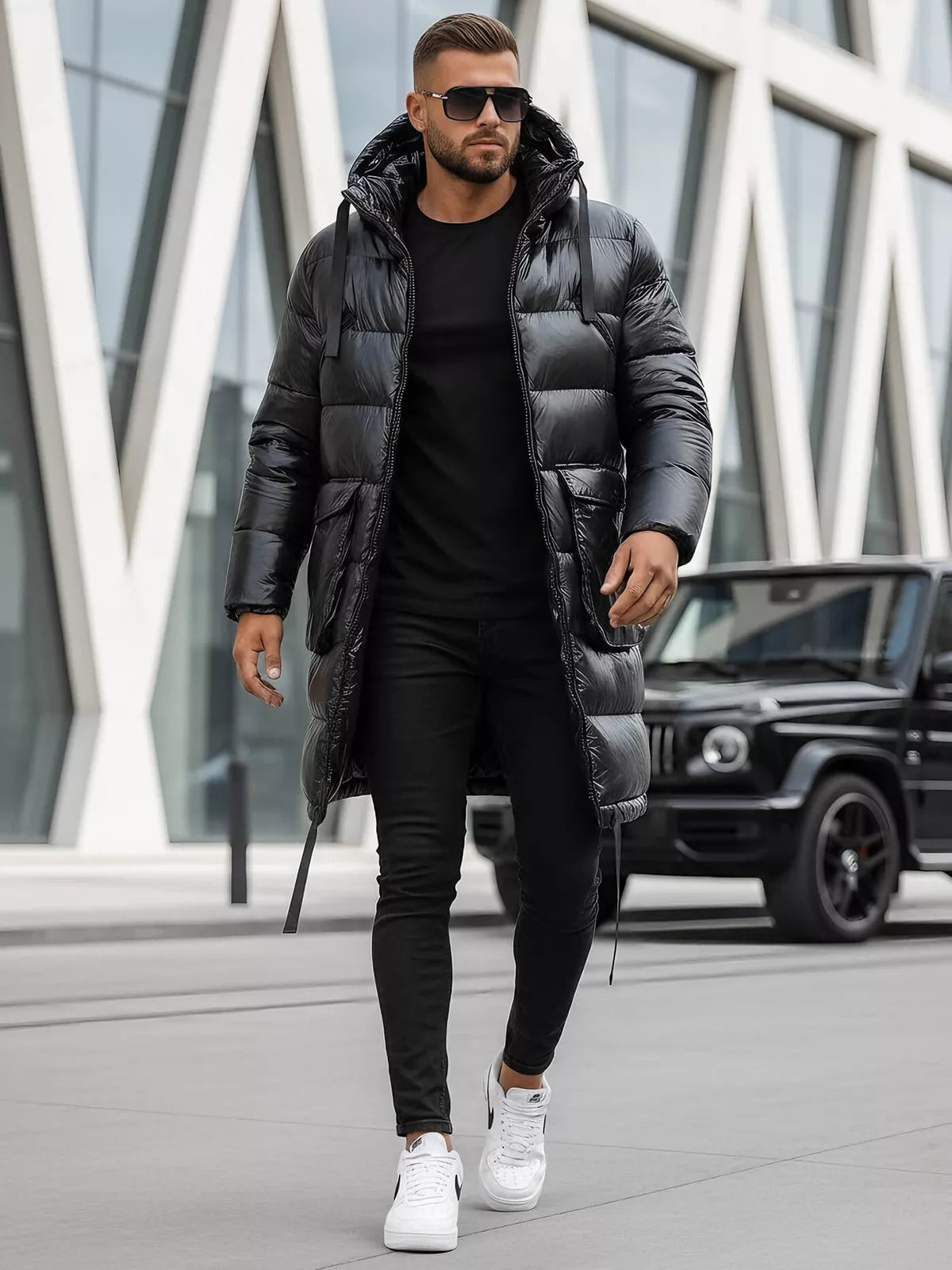 Melna, spīdīga vīriešu jaka ar kapuci Monakko