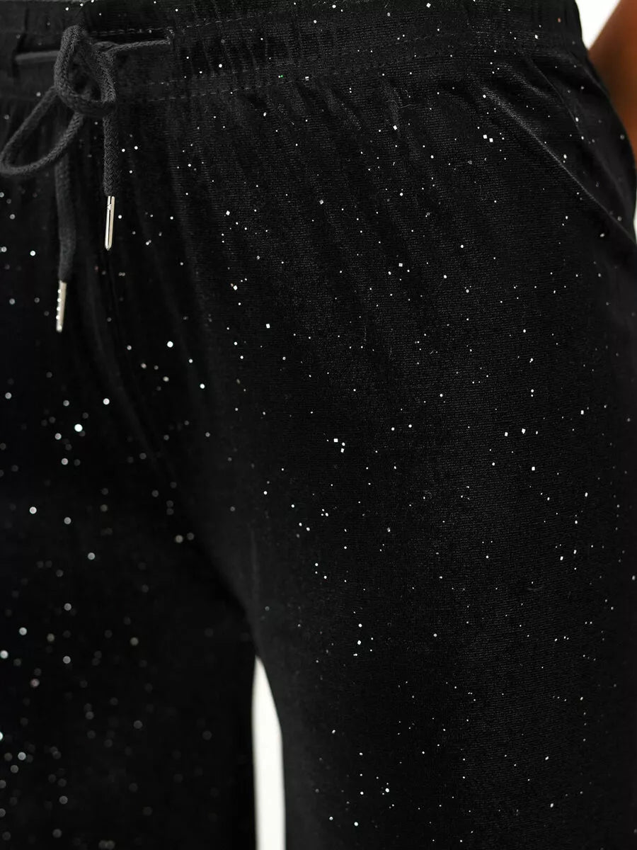 Sieviešu melnas platas samta bikses Metal