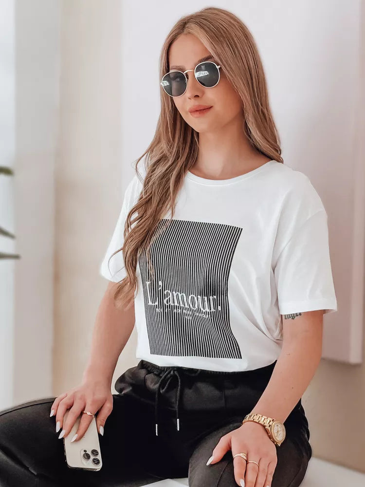 Sieviešu balts ar melnu dizainu T-krekls Lamur