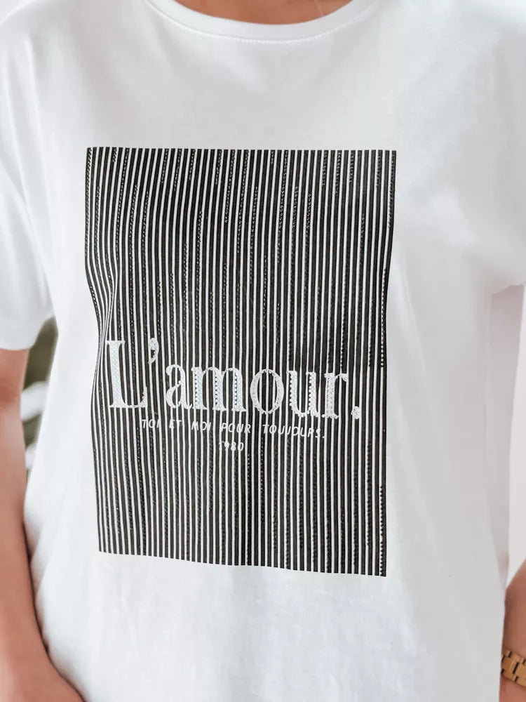 Sieviešu balts ar melnu dizainu T-krekls Lamur