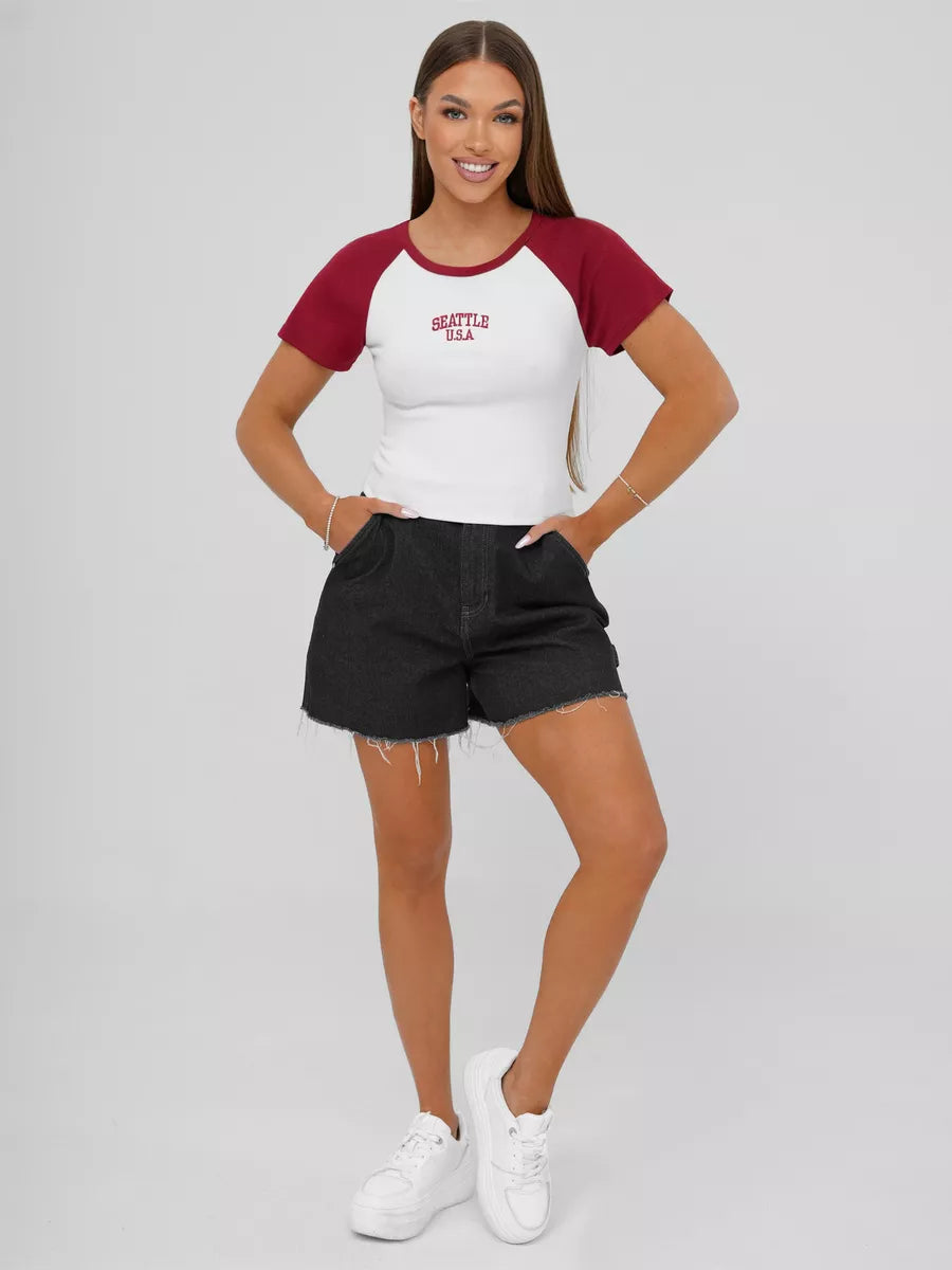 Sieviešu balts/sarkans T-krekls Sietlā, ASV