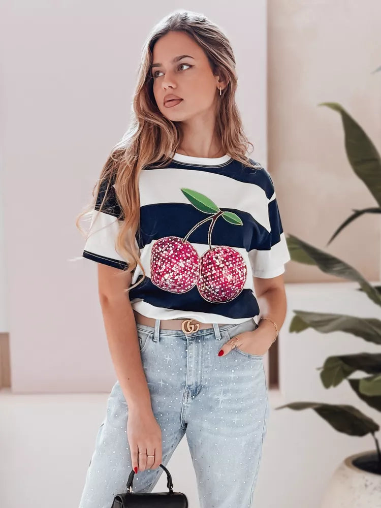 Sieviešu tumši zils svītrains disko T-krekls