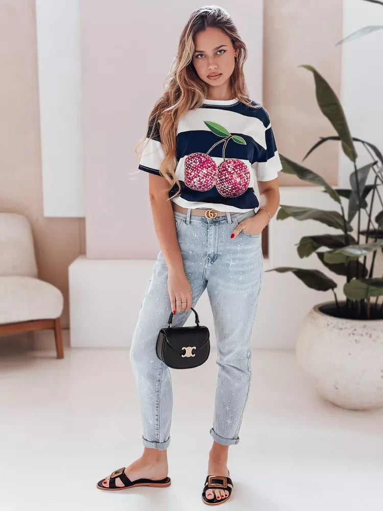 Sieviešu tumši zils svītrains disko T-krekls