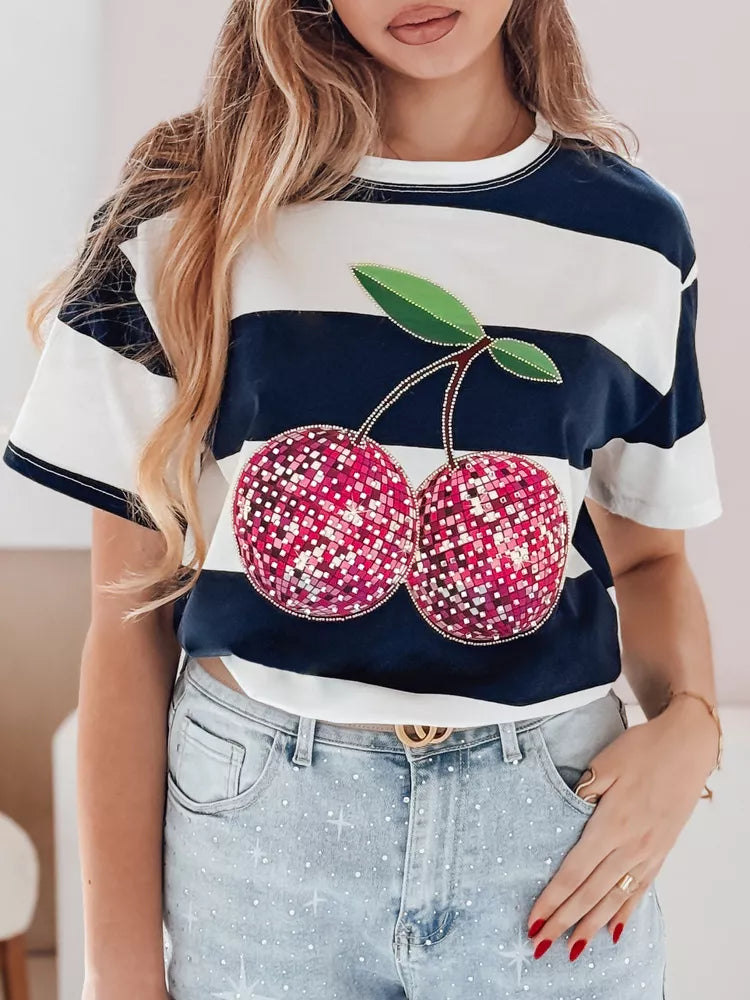 Sieviešu tumši zils svītrains disko T-krekls