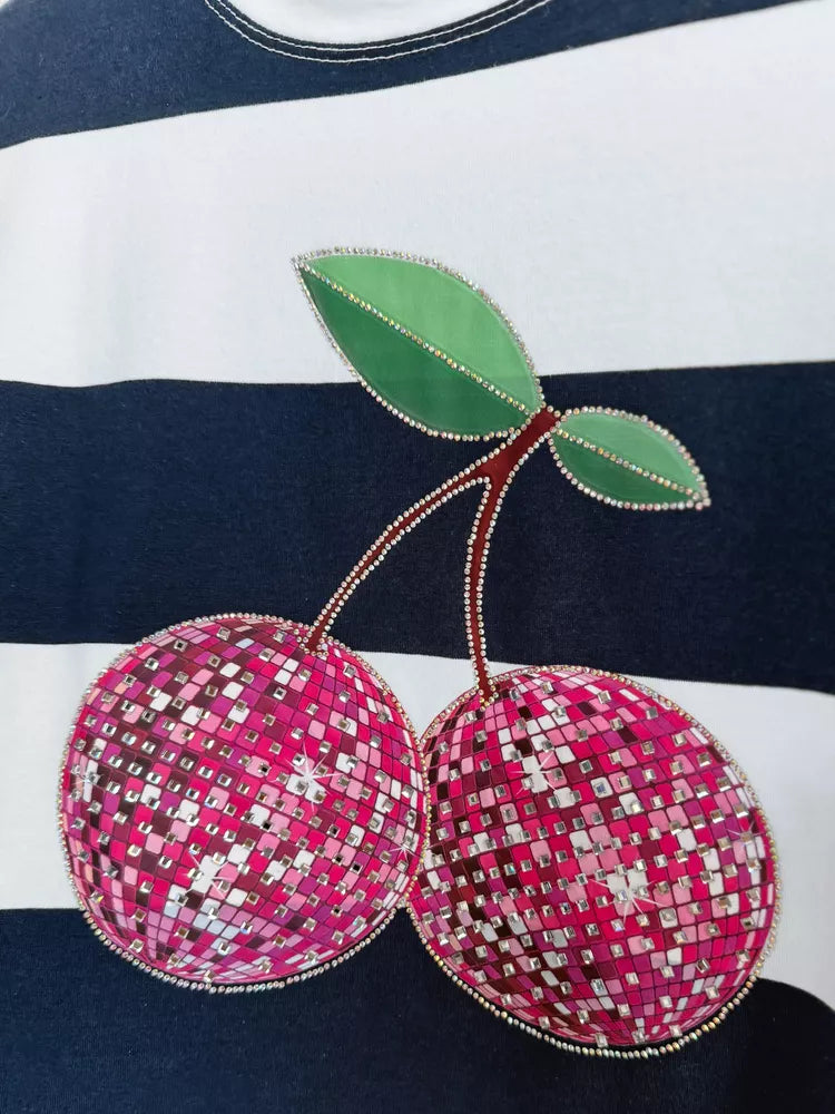 Sieviešu tumši zils svītrains disko T-krekls