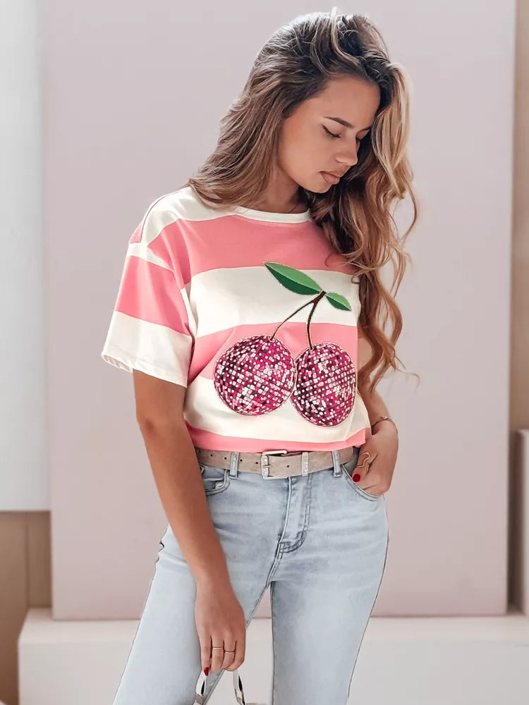 Sieviešu rozā svītrains disko T-krekls