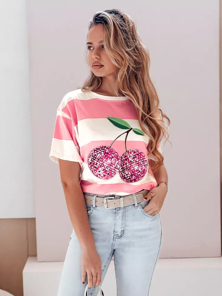 Sieviešu rozā svītrains disko T-krekls