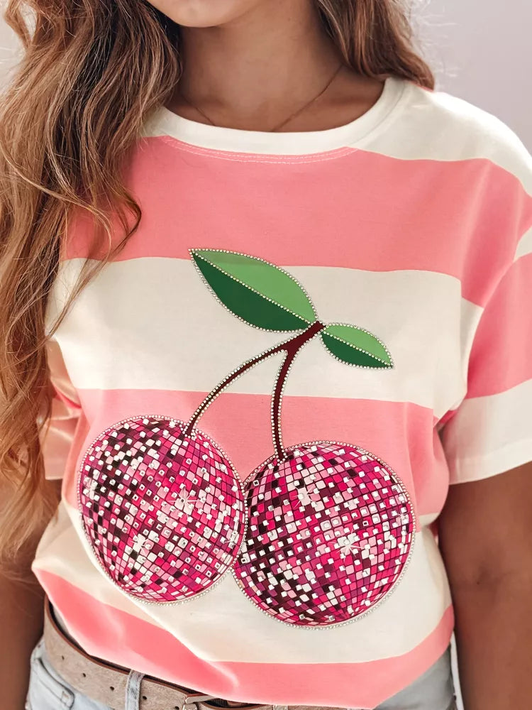 Sieviešu rozā svītrains disko T-krekls