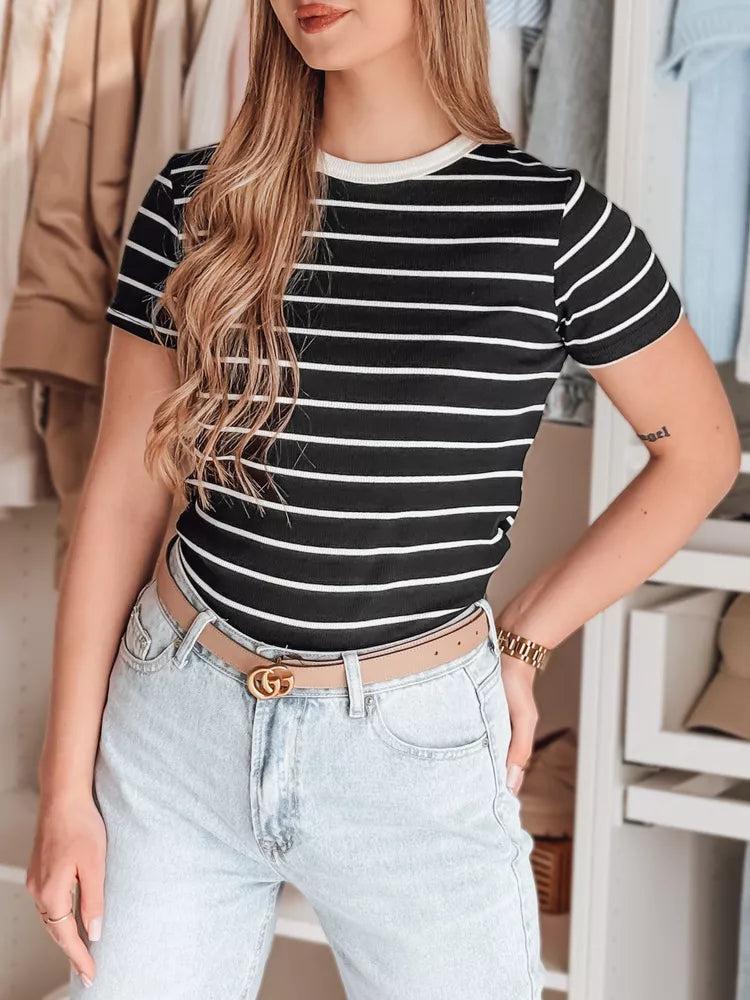Sieviešu melns svītrains T-krekls Liness 