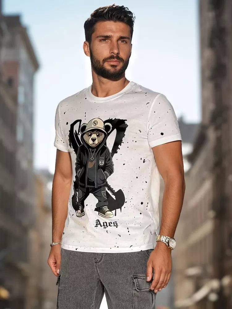 Vīriešu balts T-krekls ar laikmetu apdruku 