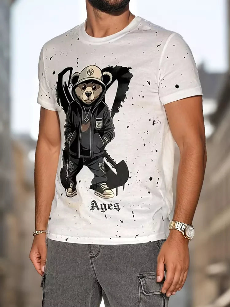 Vīriešu balts T-krekls ar laikmetu apdruku 