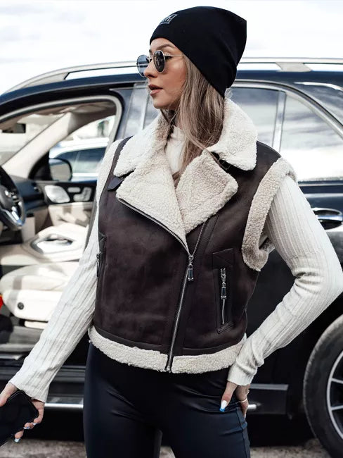 Sieviešu tumši brūna veste ar kažokādu