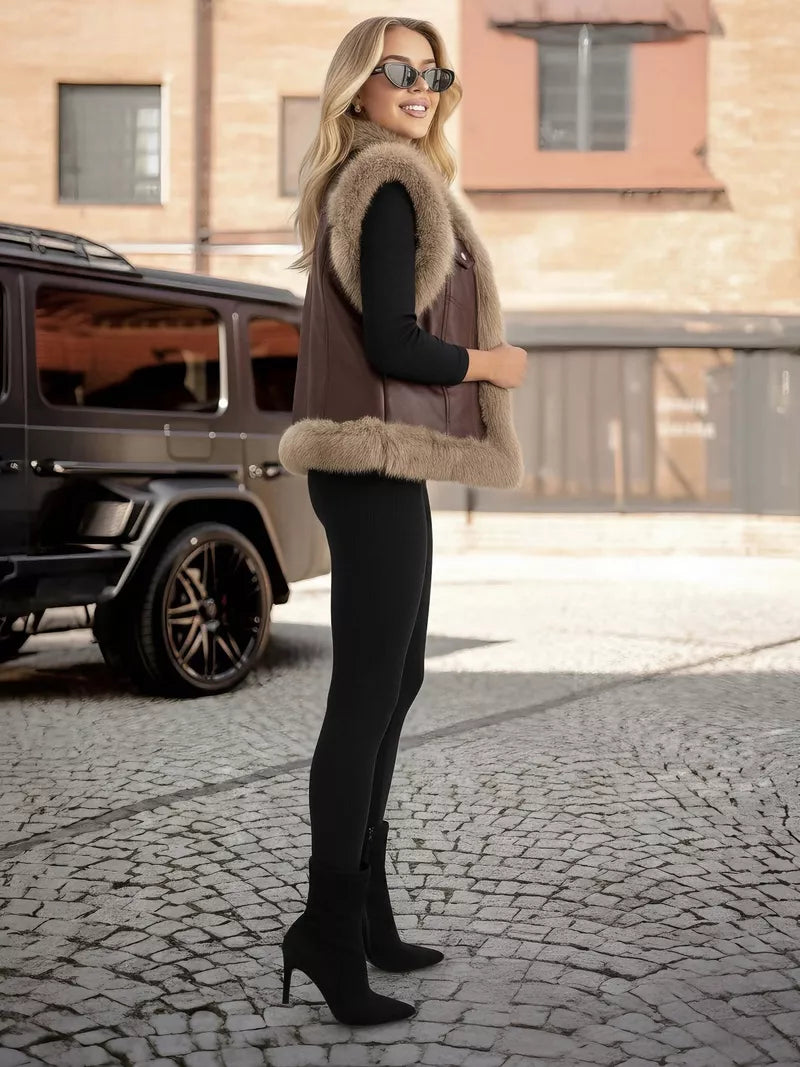 Sieviešu tumši brūna ādas veste ar kažokādu