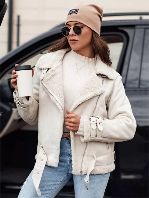 Sieviešu balta jaka ar kažokādu Lever